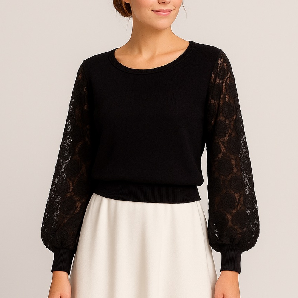 ✨Sioni Milano Black Knit Top 2X Sheer Floral Lace Party Christmas Elegant Blouse